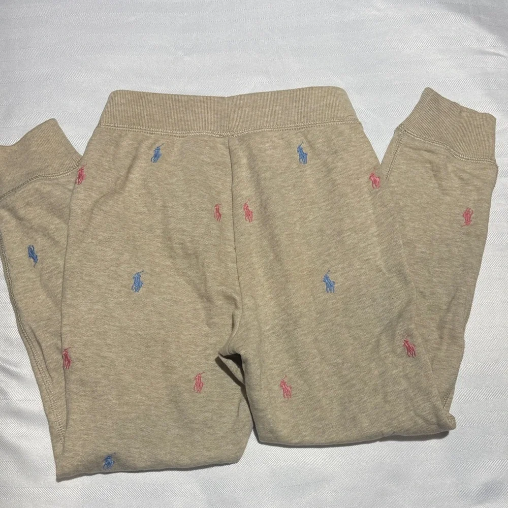 Ralph Lauren Beige Joggers with Pink & Blue Pony Embroidery